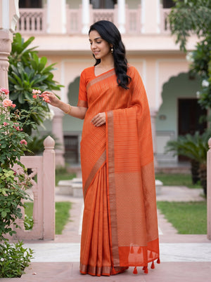 Semi Tussar Silk Orange Silver Zari Triangle Mesh Pallu Saree