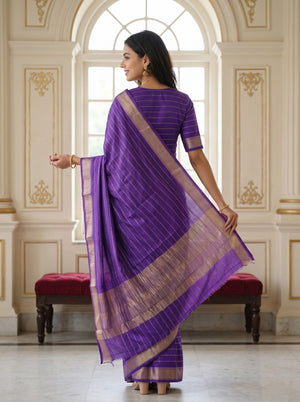 Semi Silk Purple Pinstripe Saree with Golden Zari Woven Pallu