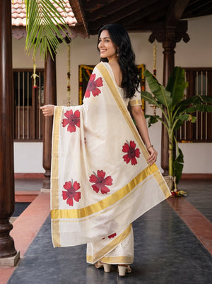 Cotton Cream Red Hibiscus Print Onam Special Kerala Saree