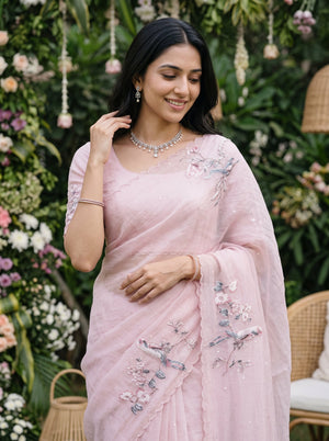 Organza Pink Beaded Bird and Blossom Embroidered Designer Saree