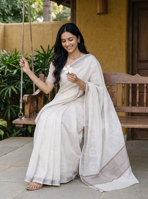 Cotton White Saree with Woven Square Dot Motifs and Beige Striped Pallu