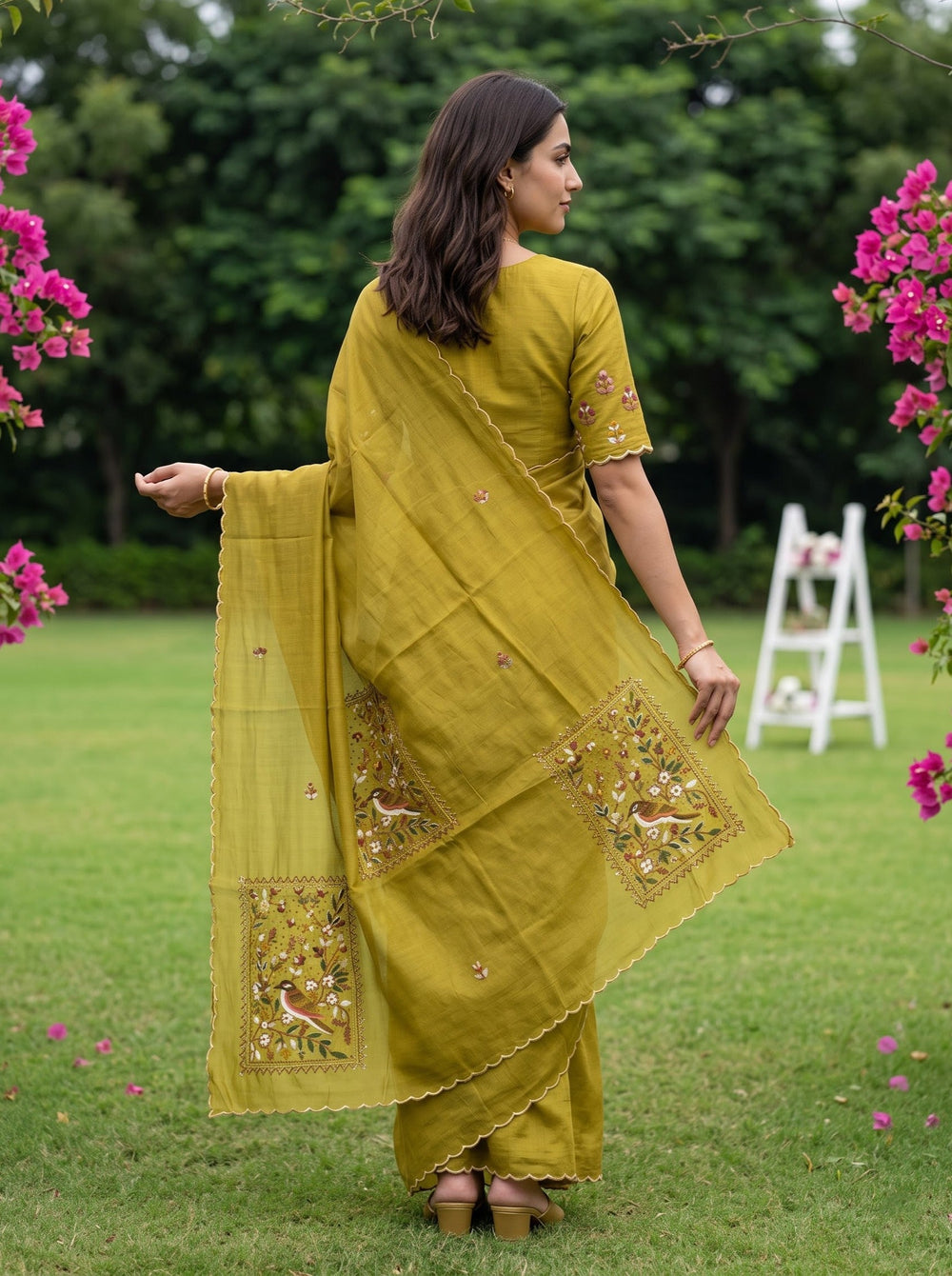 Chanderi Mehandi Green Bird Floral Panel Saree