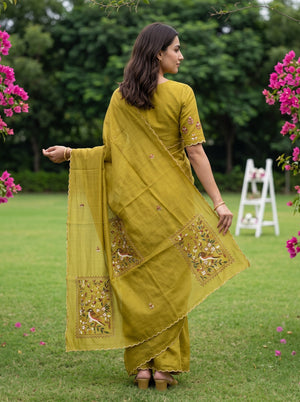 Chanderi Mehandi Green Bird Floral Panel Saree