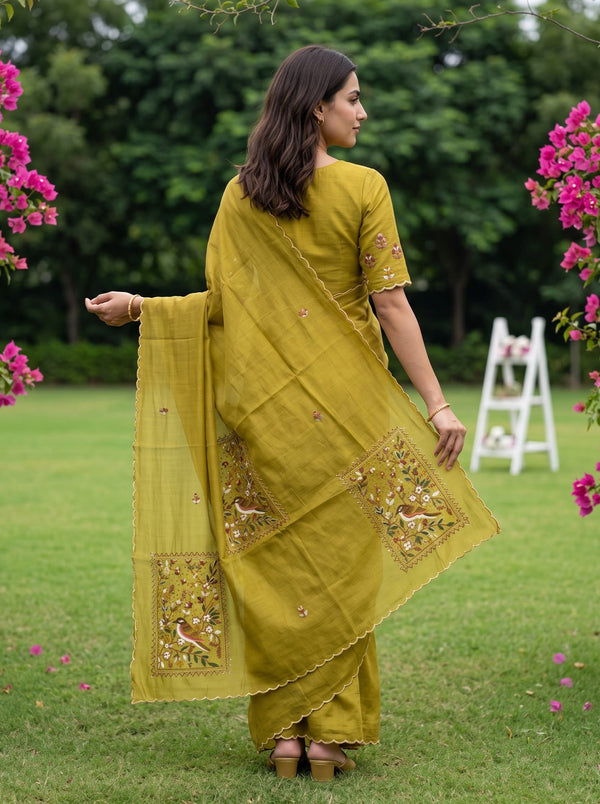 Chanderi Mehandi Green Bird Floral Panel Saree
