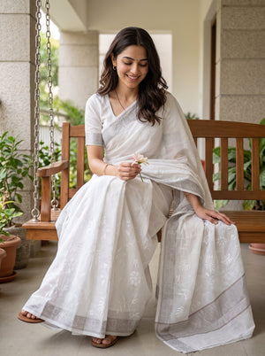 Cotton White Saree with Woven Floral Motifs and Beige Striped Pallu