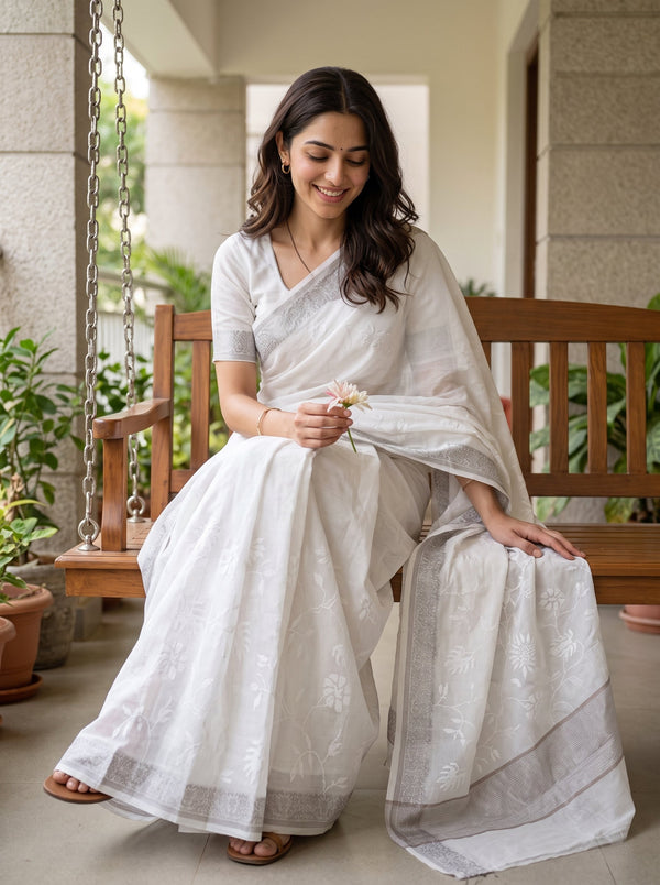 Cotton White Saree with Woven Floral Motifs and Beige Striped Pallu