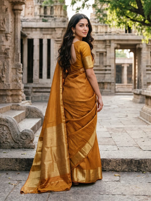Pure Silk Mustard Orange Saree with Golden Zari Checks and Wide Zari Border Pallu