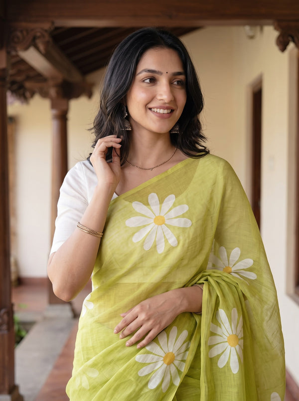 Cotton Yellow Green Saree with White Daisy Flower Print