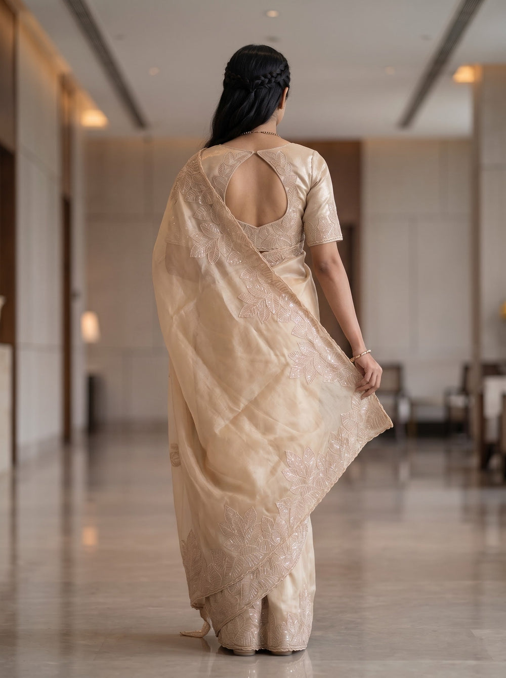 Organza Beige Golden Sequin Leaf Border Saree
