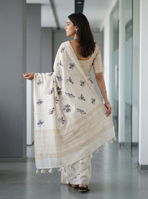 Cotton Beige Saree with Black Tribal Bird Print