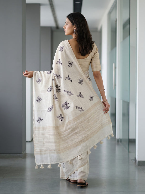 Cotton Beige Saree with Black Tribal Bird Print