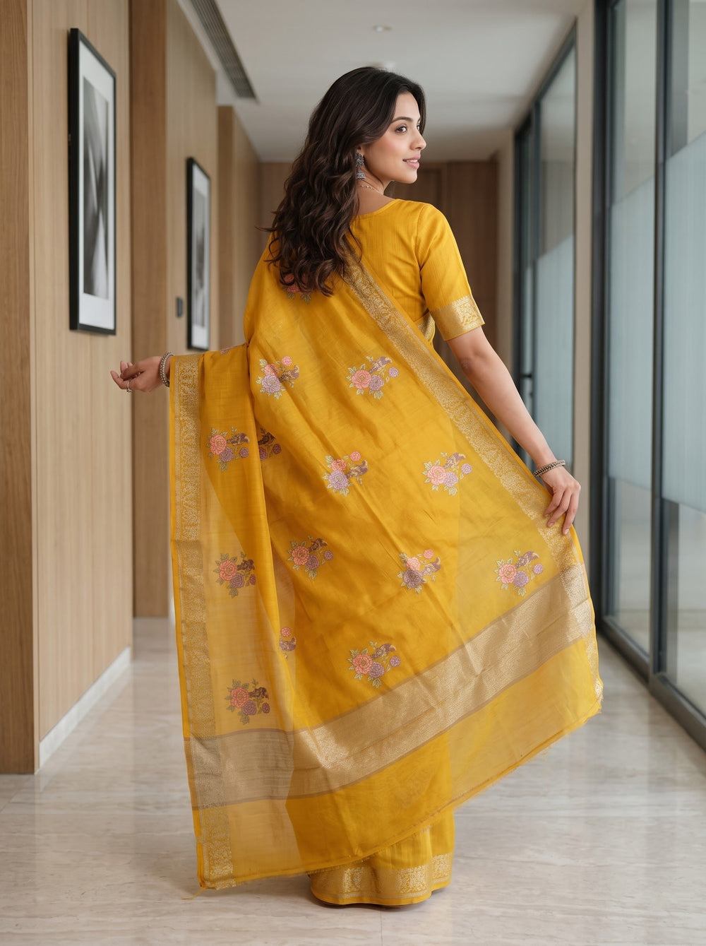 Chanderi Cotton Mustard Saree with Floral Motifs