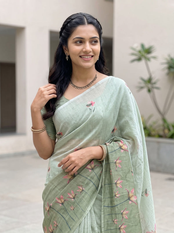 Cotton Green Saree with Pink Floral Print and Tassels