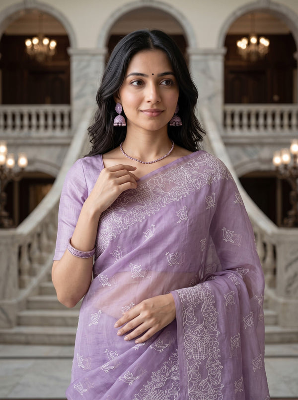 Organza Lilac Saree with Bird Motif Embroidery