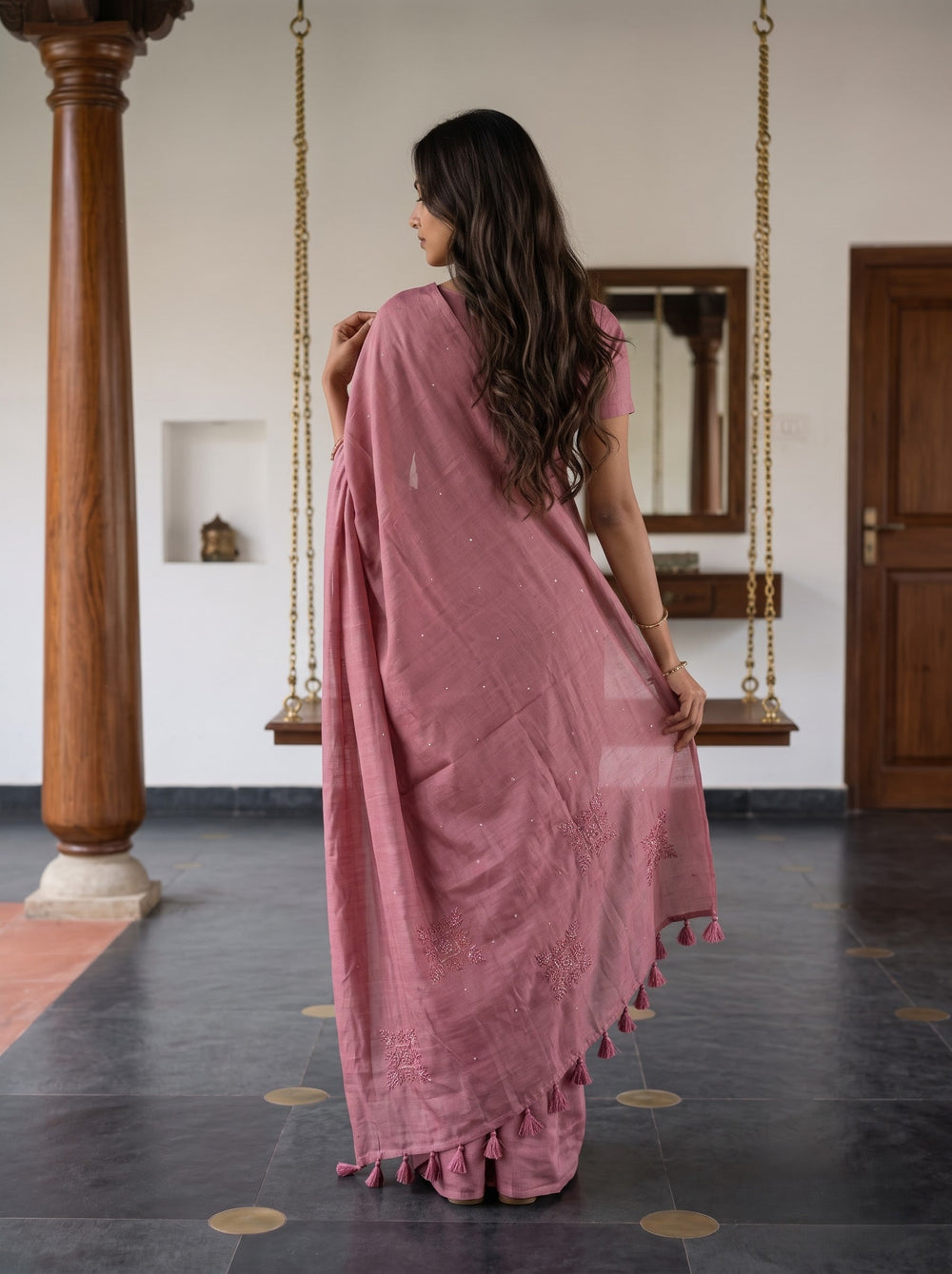 Tusser Silk Dusty Rose Pink Paisley Floral Embroidered Saree