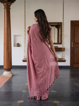 Tusser Silk Dusty Rose Pink Paisley Floral Embroidered Saree