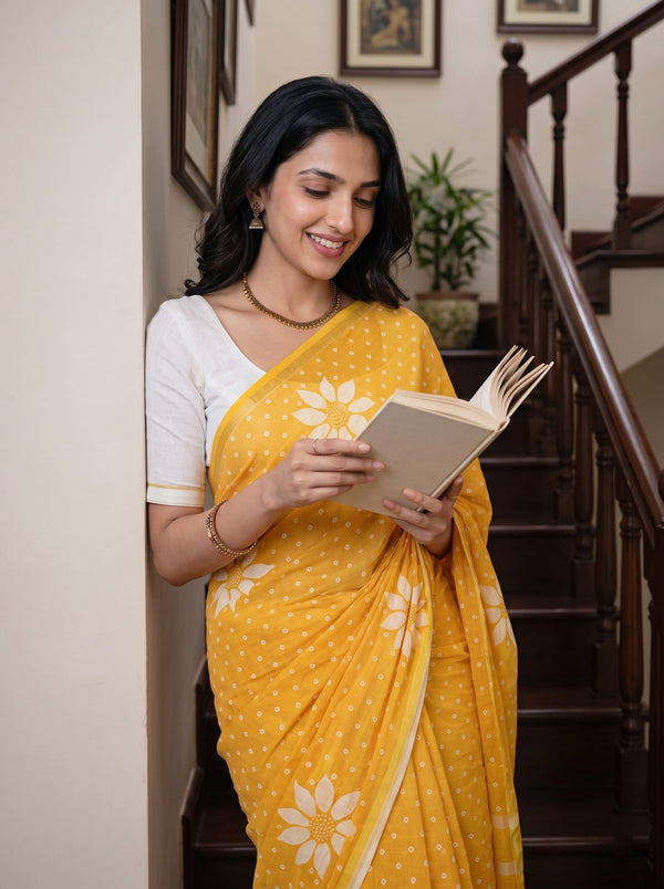 Cotton Yellow Saree with White Daisy Print and Polka Dots