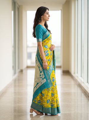 Synthetic Yellow Lotus Print Saree with Teal Silver Zari Pallu