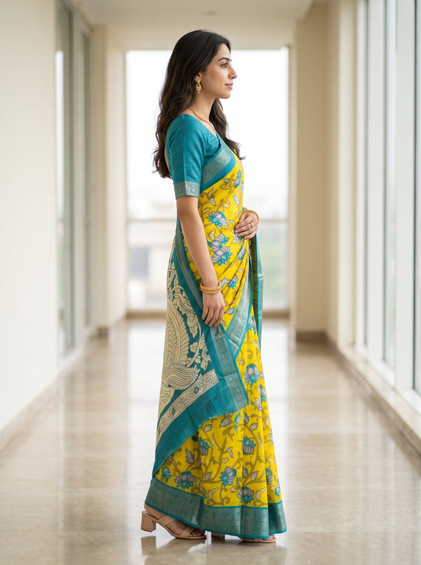 Synthetic Yellow Lotus Print Saree with Teal Silver Zari Pallu