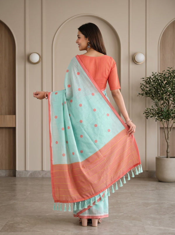 Cotton Mint Green Polka Dot Print Saree, Coral Pinstripe Pallu