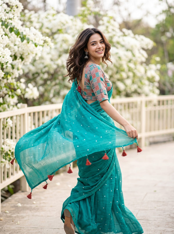 Chiffon Sea Green Scattered Sequin Dot Saree
