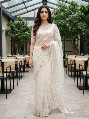 Organza Off-White Scattered Sequin Saree with Tassel Pallu