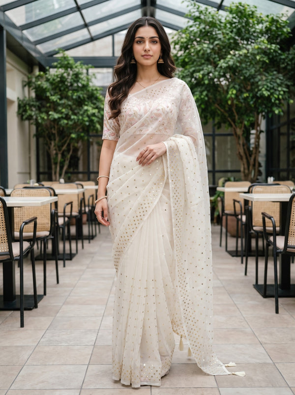 Organza Off-White Scattered Sequin Saree with Tassel Pallu