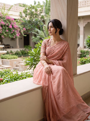 Chiffon Peach Tassel Sequin Embellished Saree