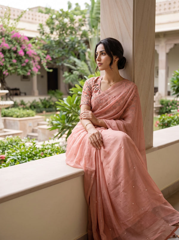 Chiffon Peach Tassel Sequin Embellished Saree