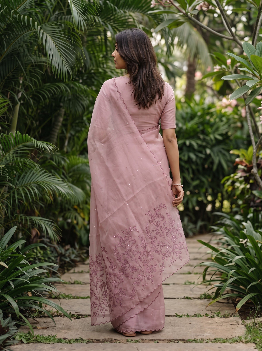 Linen Cotton Dusty Rose Saree with Floral Embroidery and Sequin Work