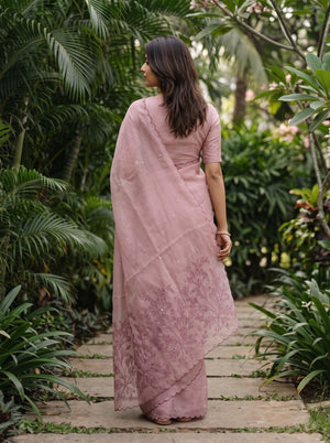 Linen Cotton Dusty Rose Saree with Floral Embroidery and Sequin Work
