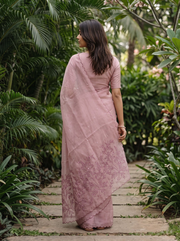 Linen Cotton Dusty Rose Saree with Floral Embroidery and Sequin Work