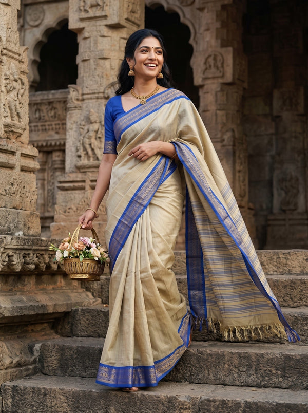 Semi Silk Beige Saree Striped Body with Blue Brocade Border