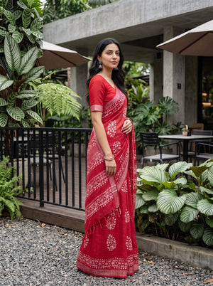 Linen Pink White Batik Leaf Print Saree with Geometric Border