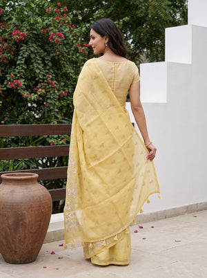 Linen Mustard Yellow Contrast Floral Vine Embroidered Saree with Tassels