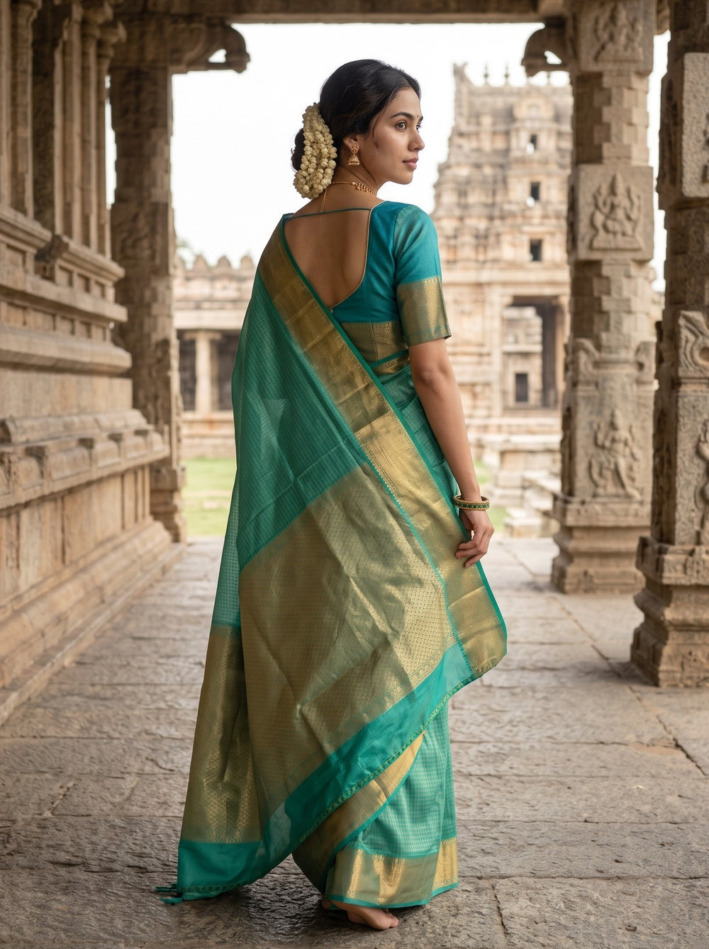 Pure Silk Sea Green Saree with Golden Zari Checks and Rich Zari Border Pallu