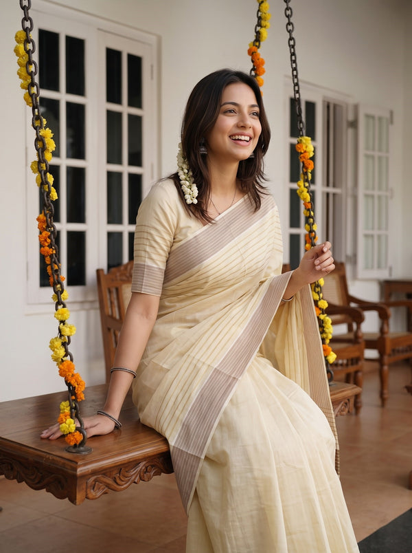 Tissue Cream Golden Checkered Brown Pallu Onam Kerala Saree