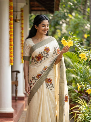 Tissue Cream Orange Floral Vine Print Onam Special Kerala Saree