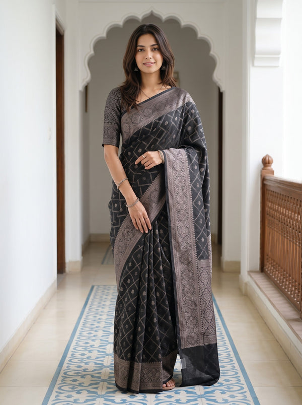 Semi Silk Black Saree with Zari Jaal Pattern and Floral Border