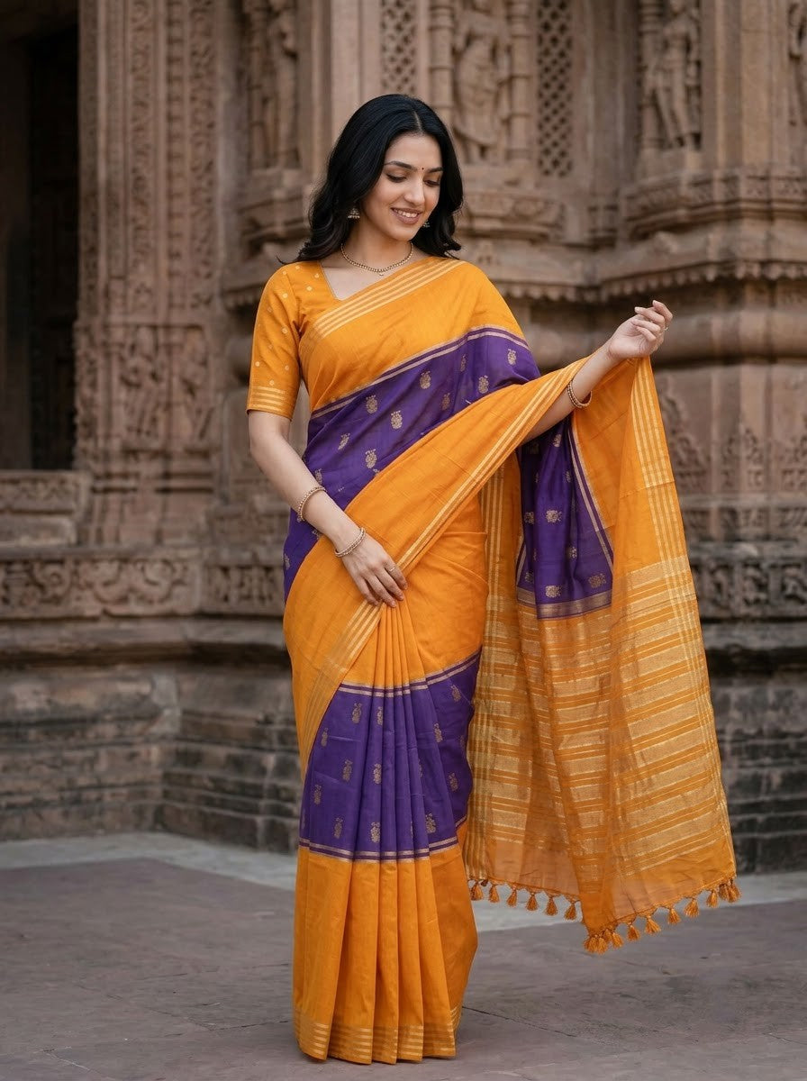 Semi Silk Mustard Orange Purple Contrast Iruthali Pakshi Motif Saree with Tassels