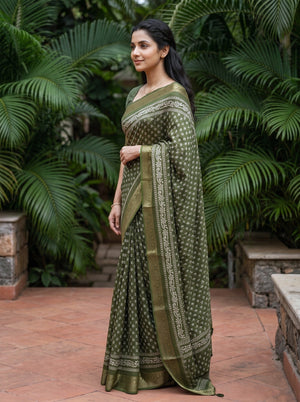 Chanderi Silk Olive Green Floral Booti Print Saree with Golden Zari Border