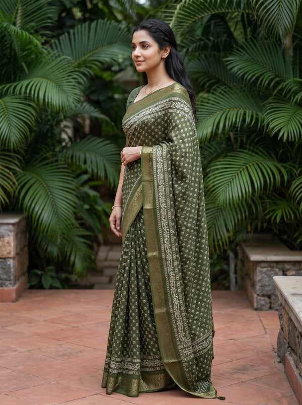 Chanderi Silk Olive Green Floral Booti Print Saree with Golden Zari Border