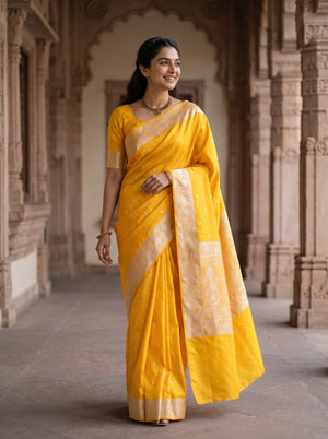 Banarasi Silk Golden Yellow Silver Zari Flower Vase Motif Saree with Tassels
