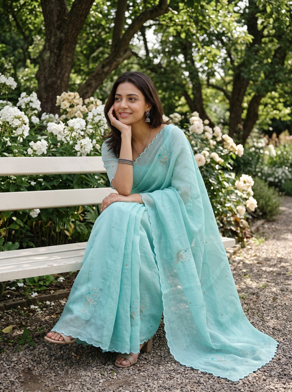 Linen Mint Beaded Peacock Motif Saree with Scalloped Border