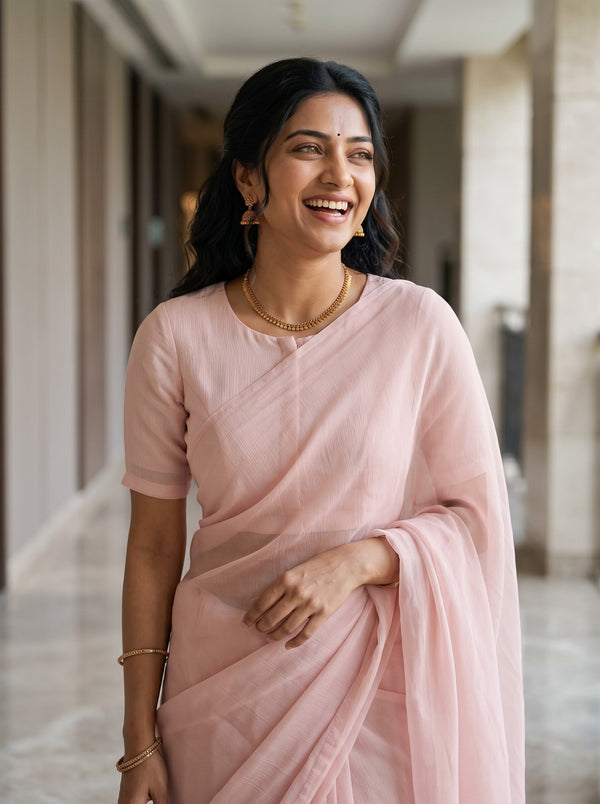 Organza Baby Pink Sequin Floral Pallu Saree