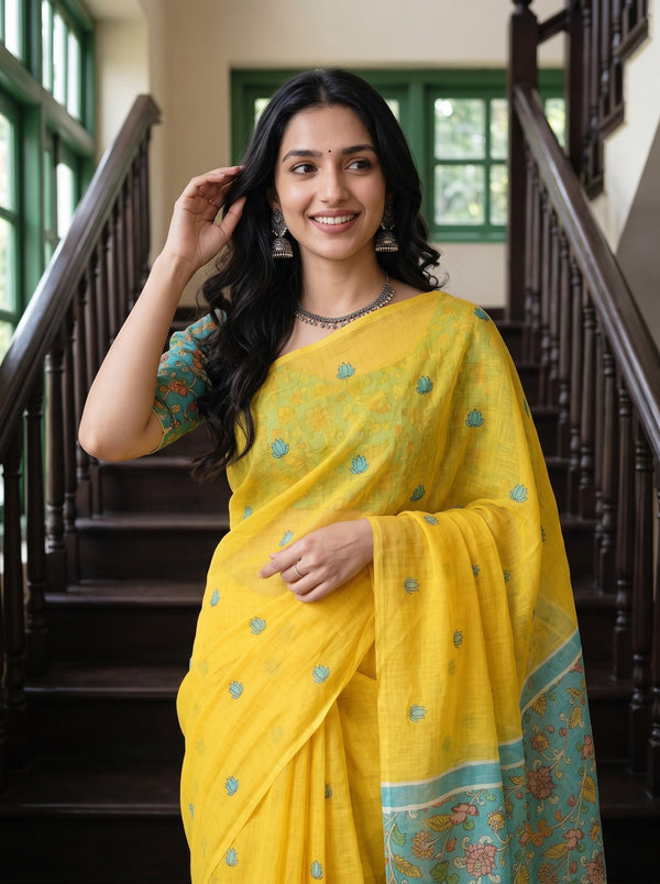 Cotton Yellow Saree with Teal Kalamkari Print Pallu