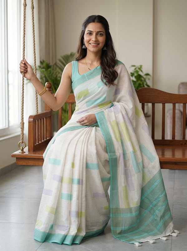 Synthetic White Color Block Saree with Mint Green Border and Tassels