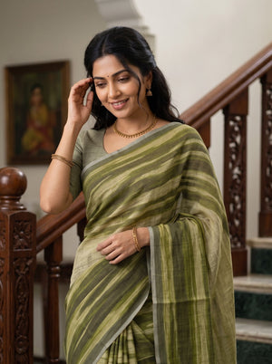 Linen Olive Green Abstract Tie-Dye Print Saree