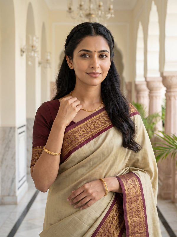 Semi Silk Beige Cream Pinstripe Saree with Maroon Zari Border