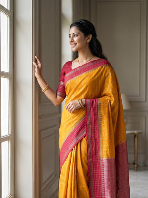 Semi Silk Mustard Saree with Red Temple Border and Zari Woven Pallu